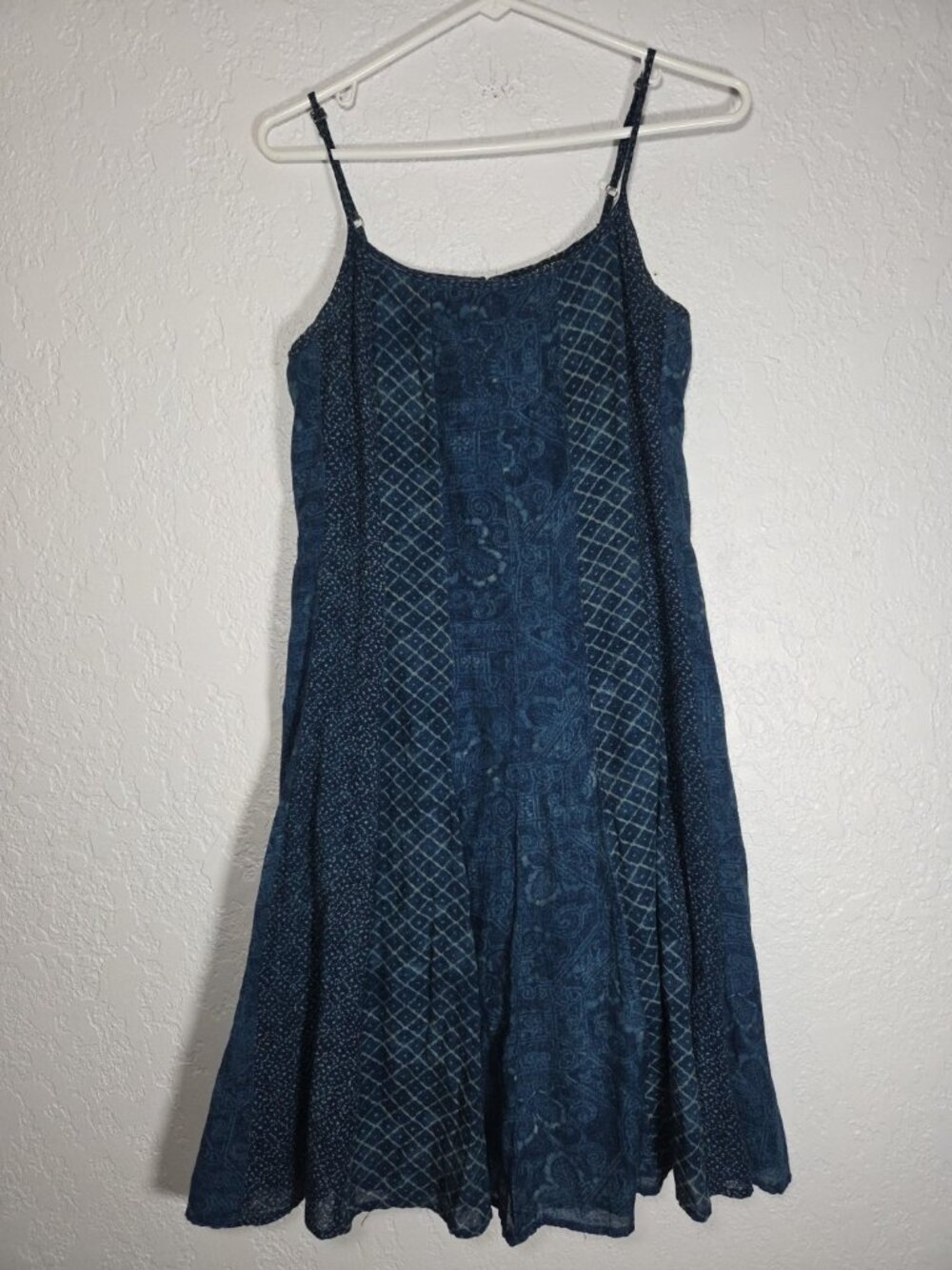 Ralph Lauren Indigo Cotton Dress Womens Sz 2 Patchwork Boho Fit Flare Cottage